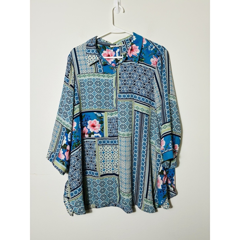 Rose & Olive Button Front Satin Floral Blouse 3/4 Sleeve XL Boho Patchwork